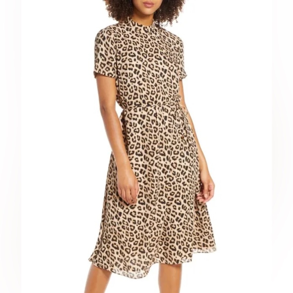 NWT Avec Les Filles Short Sleeve Leopard Print Tie Waist Midi Dresss